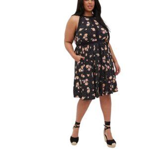 Torrid Womens Studio Knit Skater Dress Black Floral Polka Dot Pockets Plus 5X